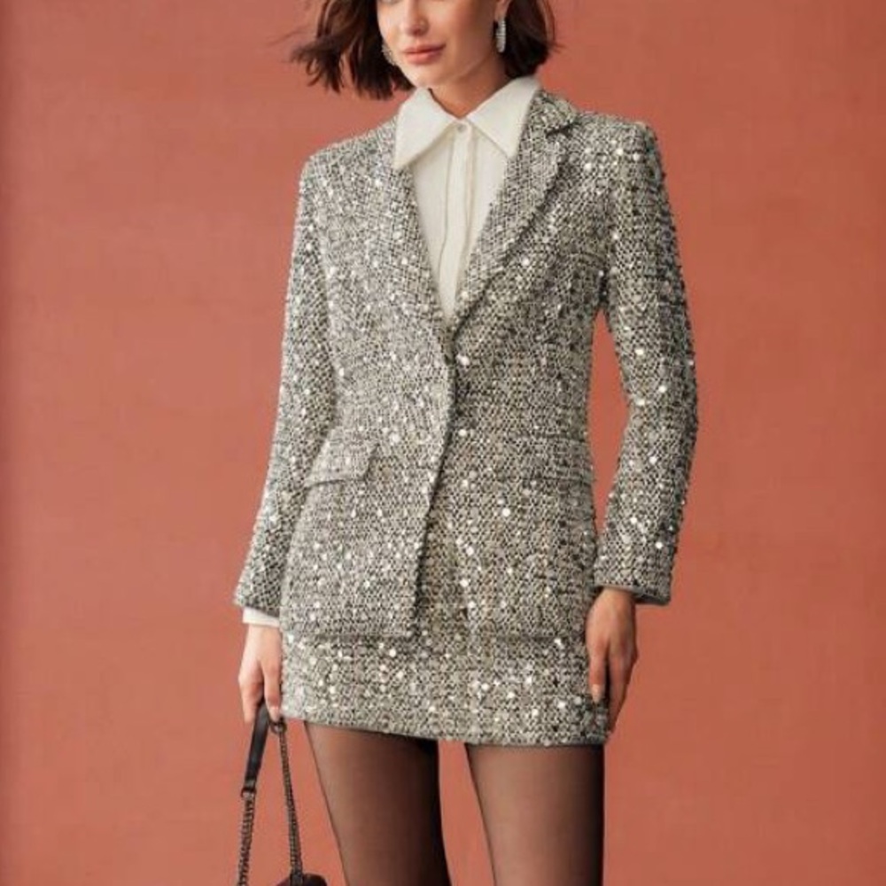 MOTF Sequined Structured Blazer and Mini Skirt Set Size Medium